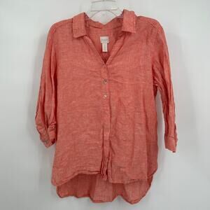 Chicos Womens Button Up Linen Top Size 2 US L‎ Coral 3/4 Sleeves Capsule Casual